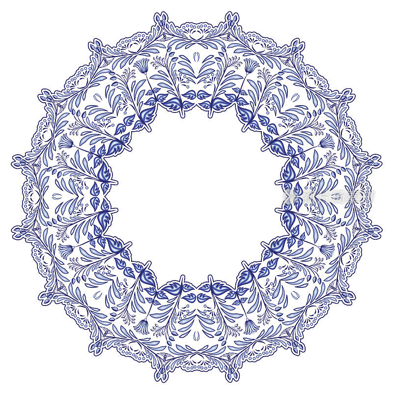 Round floral frame in the style of ethnic mandala painting on porcelain. Stylisation by Russian gzhel style.